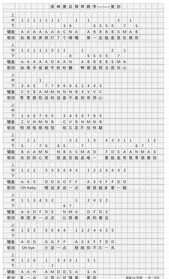 《原神》愛你琴譜簡譜圖片分享